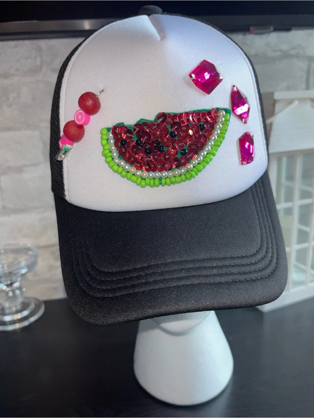 Black & White Trucker Hat w/Handmade, Pink Bead & Green Sequin Watermelon Accent
